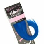 Extension per capelli blu, confezionata in una scatola nera con dettagli rosa, ideale per aggiungere volume e colore ai capelli.